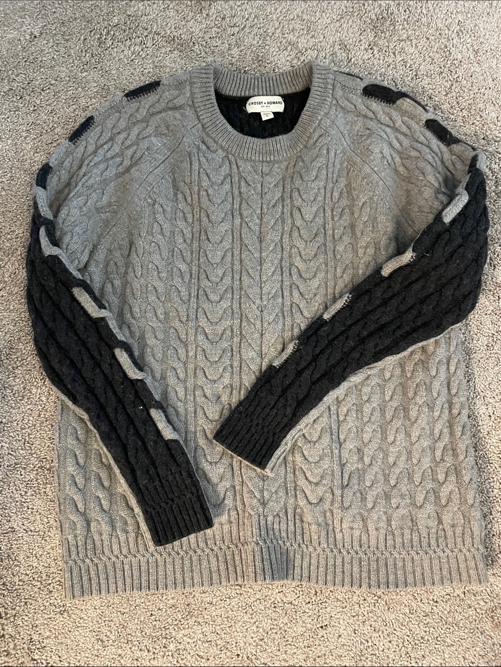 Men's Gray Cable Knit Sweater with Black Sleeve Detail